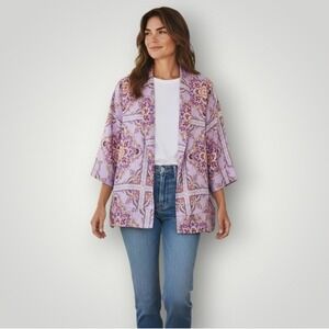 Ann Taylor Womens Kimono Wrap Top L Purple Paisley‎ Print Belted Lightweight